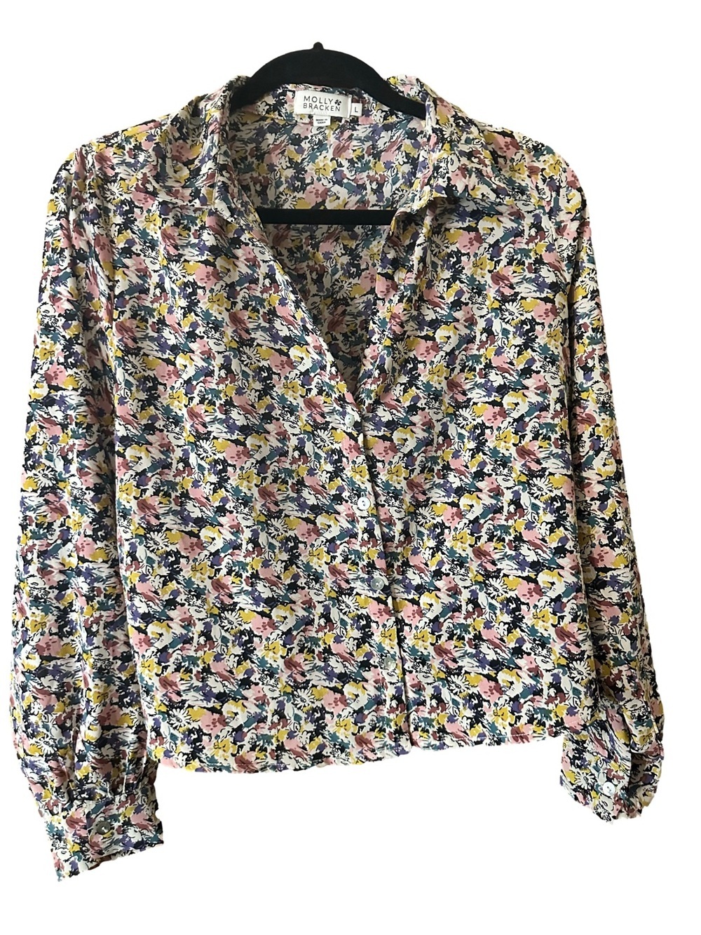 Molly Bracken Women's Floral Button-Up Blouse Pink Yellow Multi Size Large